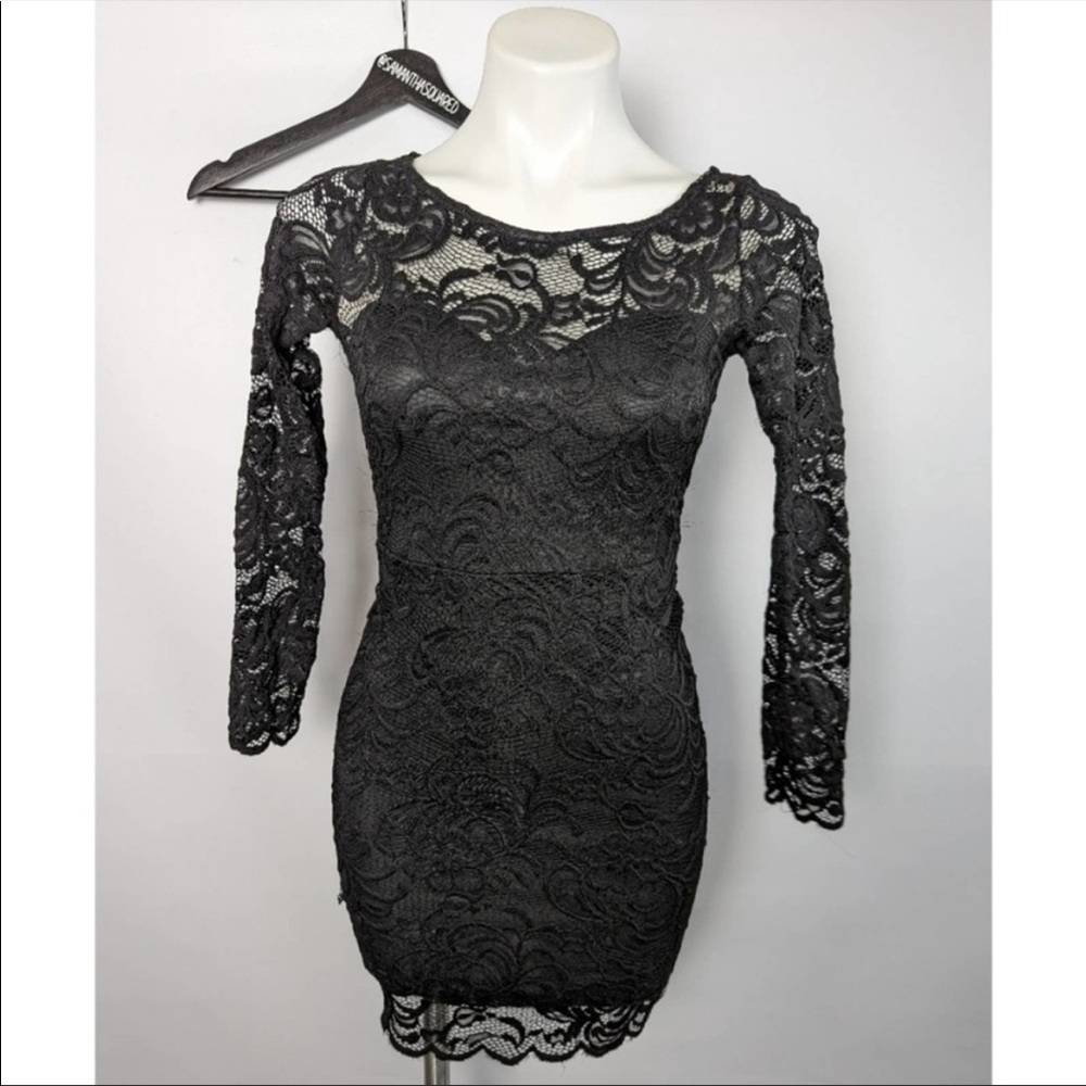 Ambiance Lace Bodycon Black Long Sleeve Dress Small
